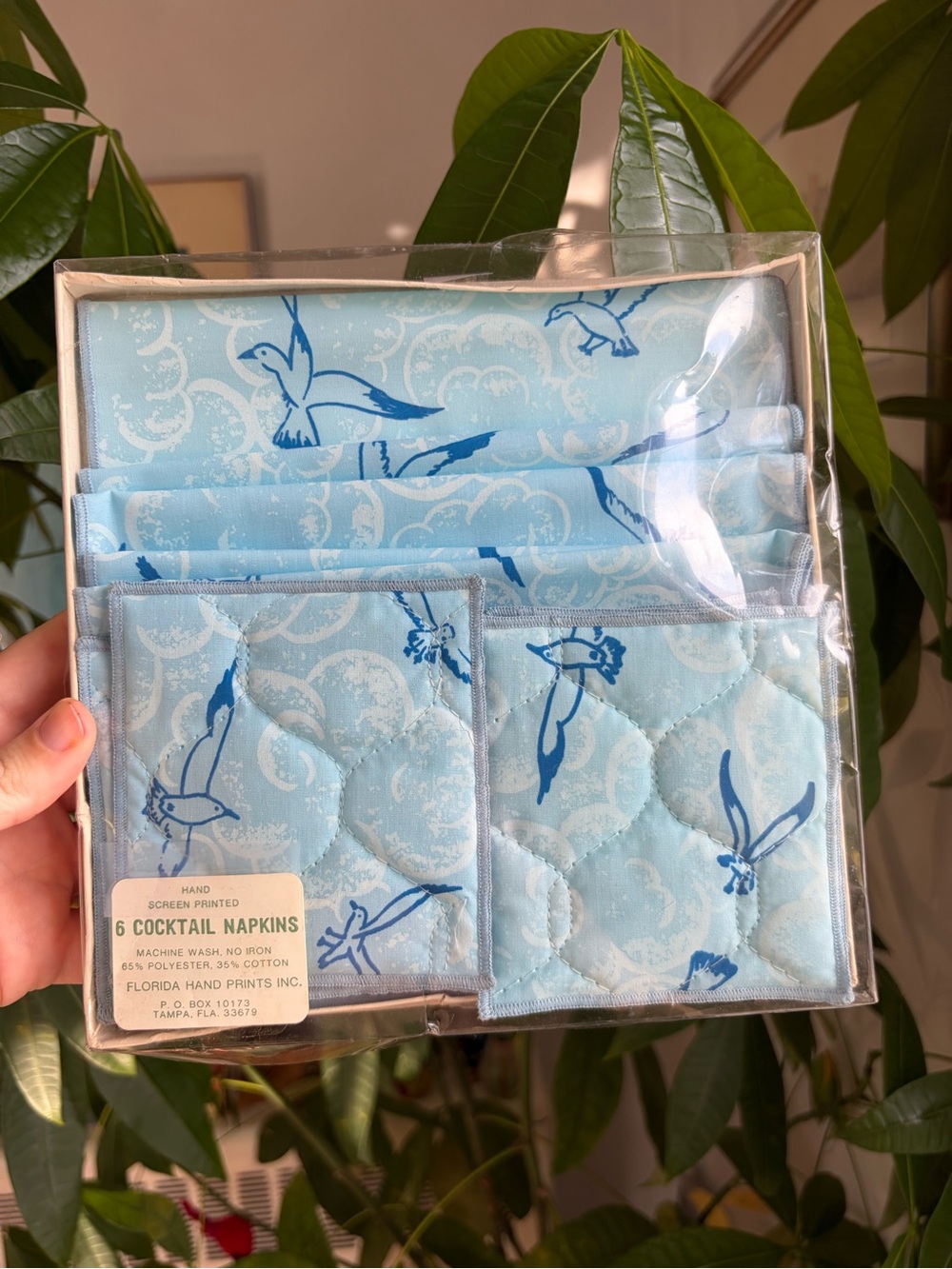 Vintage Hand Screen Printed Napkin & Coasters Set with Seagull Pattern